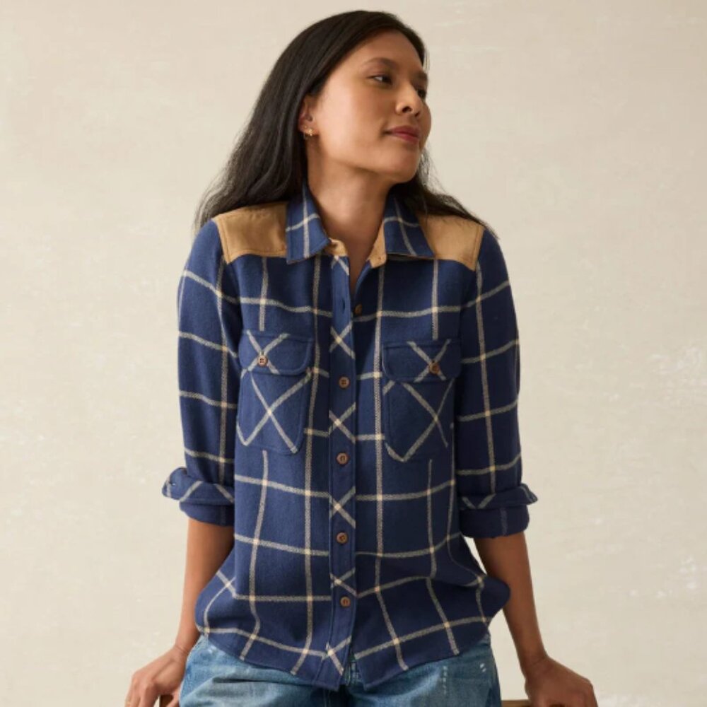 Faherty Daly Cotton Flannel Button Shirt Navy Blue/Tan Plaid Size XS